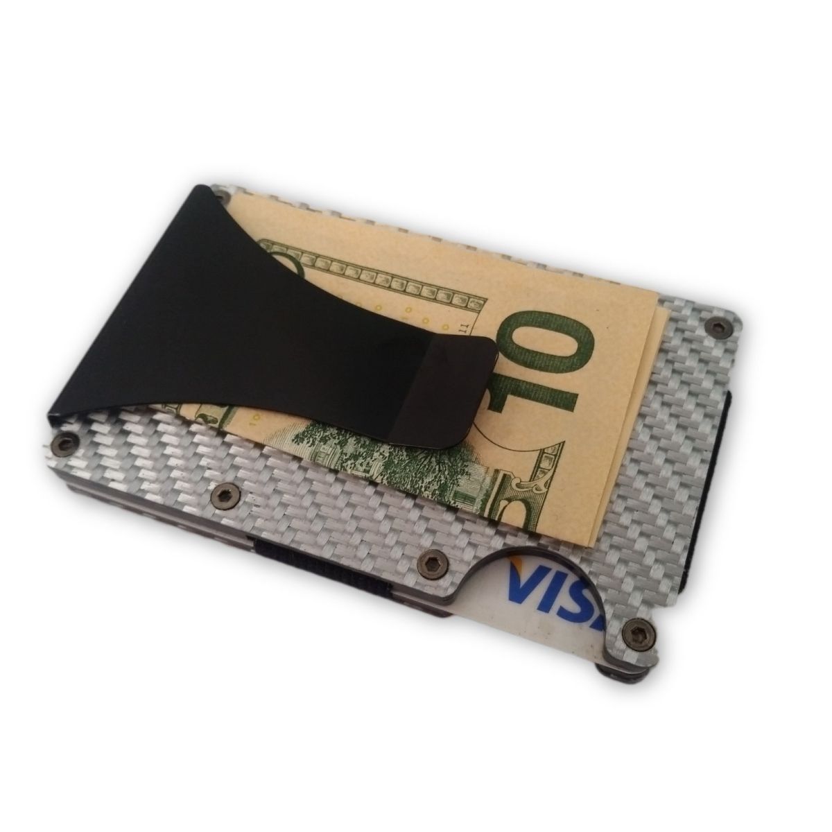 solo Minimalist Carbon Fiber Wallet with Money Clip - Silver