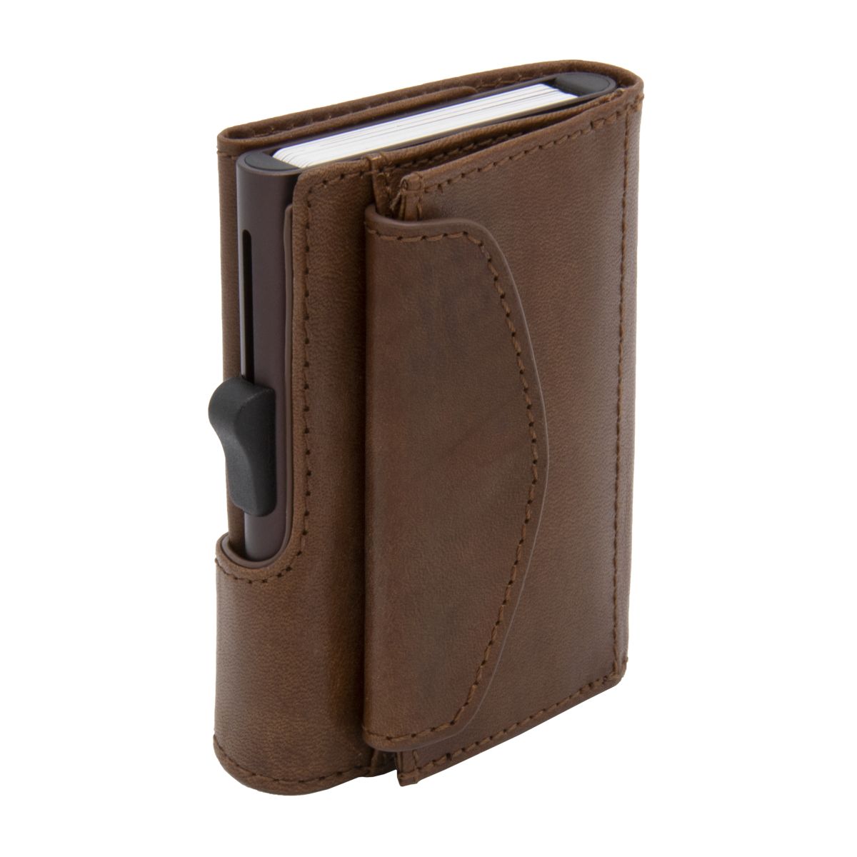 C-Secure XL Aluminum Wallet with Vegetable Genuine Leather and Coins Pocket - Brown