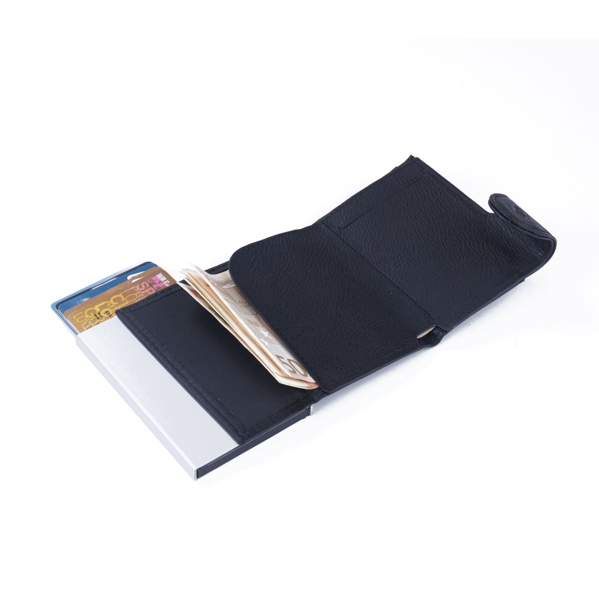 C-Secure Aluminum Card Holder with PU Leather with Coin Pouch Dark Brown